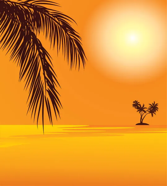 Punainen auringonlasku ja kämmen rannalla — vektorikuva