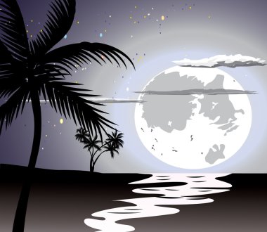 Ocean in the night, full moon and stars. clipart