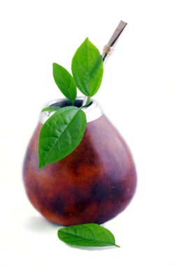 yalıtılmış deri eş fincan saman ve yerba yeşil yapraklar