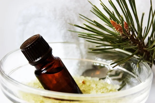 Fles fir tree olie en zout — Stockfoto