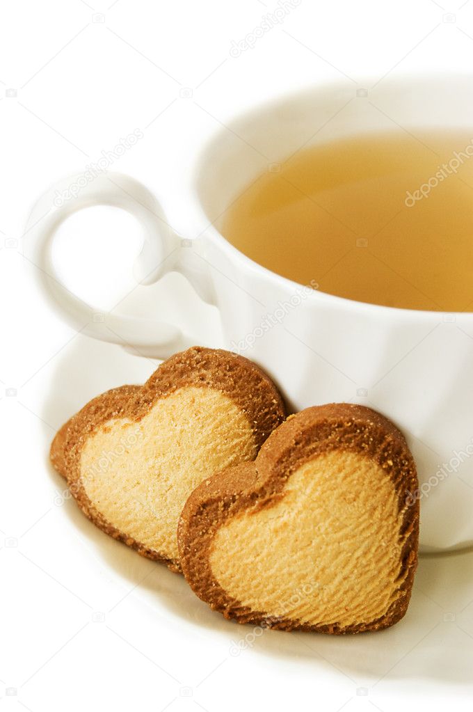 Green tea and heart shaped biscuits
