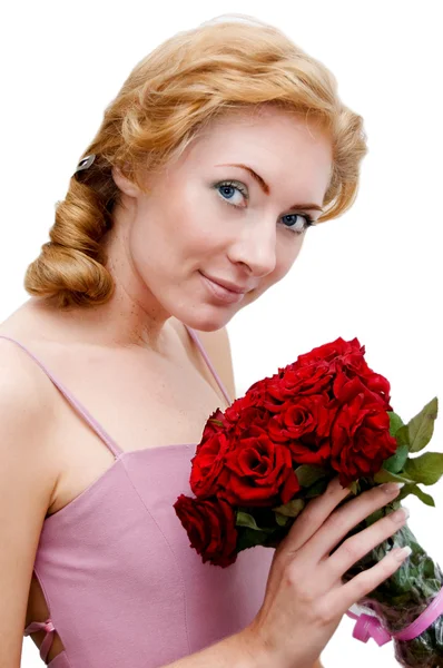 Vrouw met bos van rozen — Stockfoto