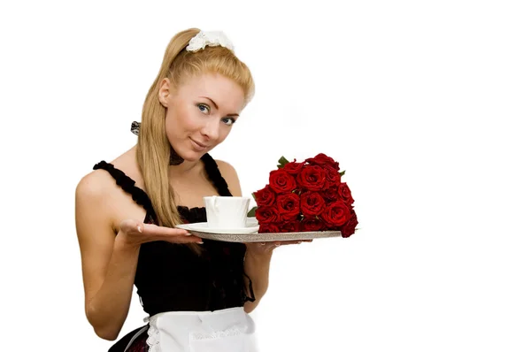 女服务员制服用纸盒和鲜花 — 图库照片