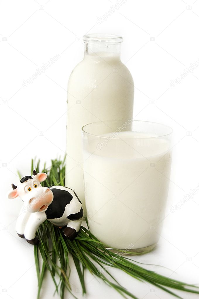 Bottle and glass of milk with toy cow