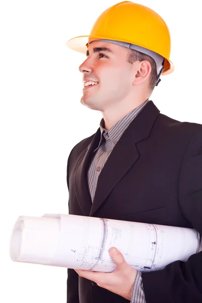 Businessman with helmet looking up — Stock Photo, Image