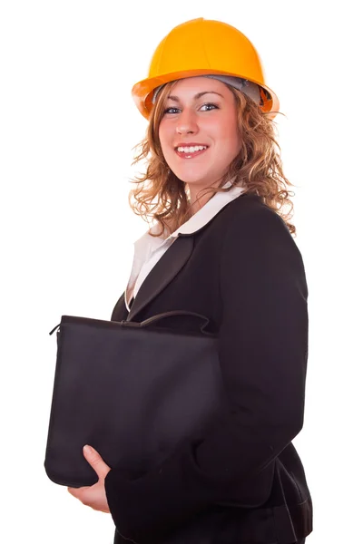 Iş kadını ile kask ve evrak çantası — Stok fotoğraf