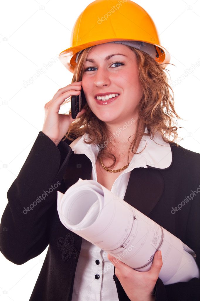 Engineer woman with phone