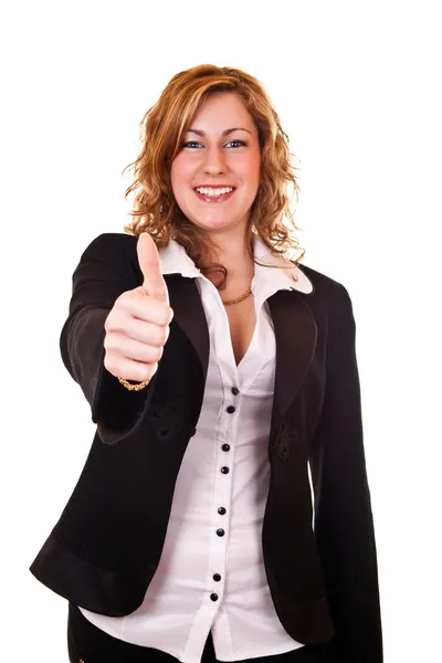 Mujer de negocios sonriente sosteniendo el pulgar hacia arriba —  Fotos de Stock