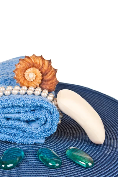 Towel, soap and pearls — Stock Photo, Image