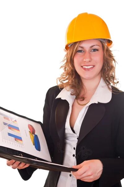 Businesswomna with helmet and documents — Stock Photo, Image