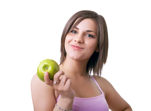 Hermosa mujer sosteniendo manzana verde —  Fotos de Stock