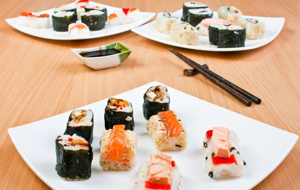 Three plates of sushi — Stock Photo, Image