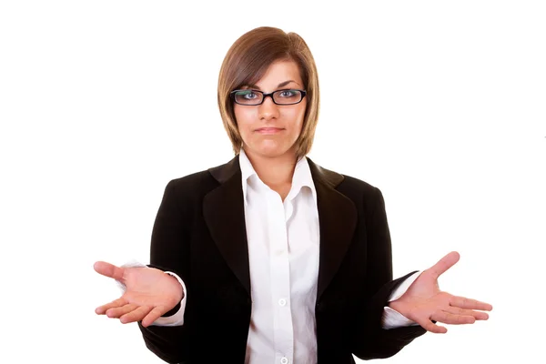 Verwirrte Geschäftsfrau auf weißem Hintergrund — Stockfoto