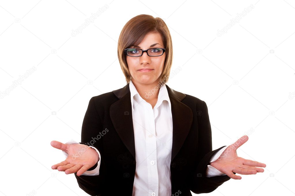 Confused businesswoman on white background