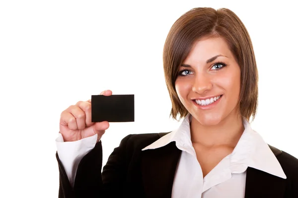 Empresária mostrando um cartão de visita — Fotografia de Stock