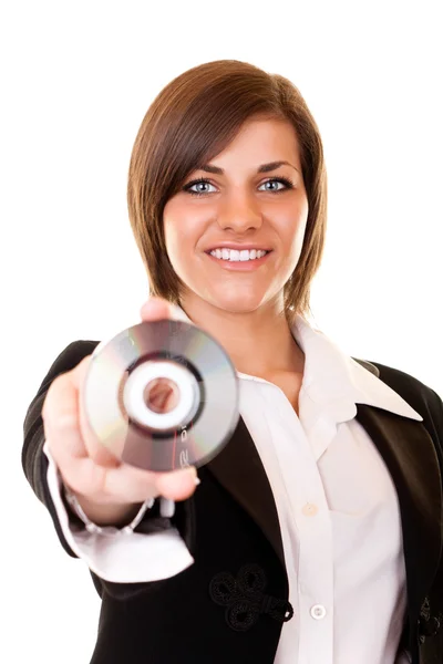 stock image Businesswoman in suit holding cd