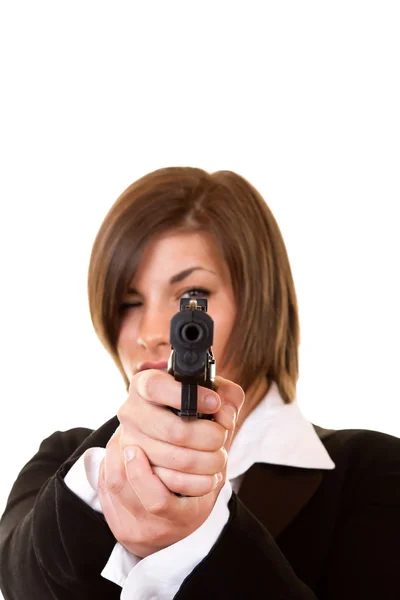 Mujer sosteniendo una pistola — Foto de Stock