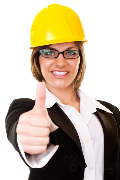Úspěšná žena s žlutou helmu — Stock fotografie