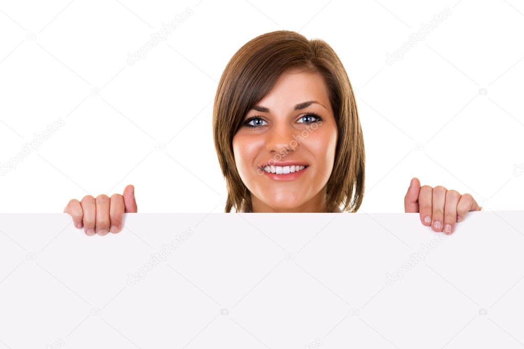 Woman holding board on white
