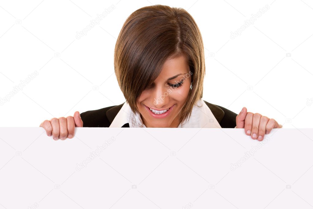 Brunette girl holding big board