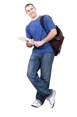 Male student carrying books on white