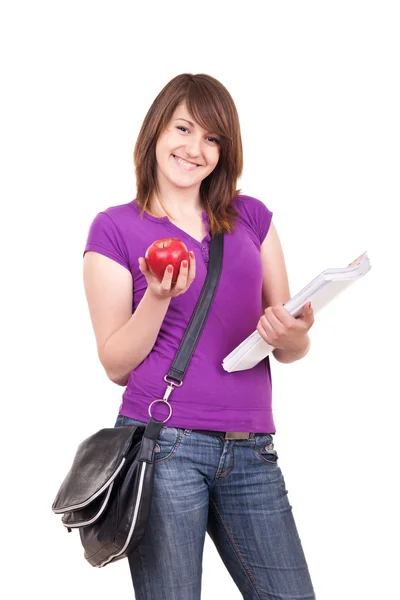 Estudante com livros, saco e maçã — Fotografia de Stock