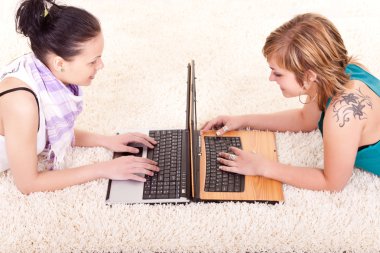 Young girls working on laptops clipart