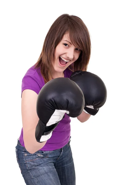 Jonge vrouw met bokshandschoenen — Stockfoto