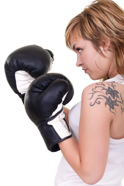 Girl with box gloves — Stock Photo, Image