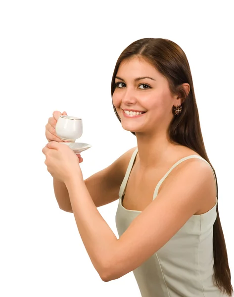 Девушка с крышкой кофе — стоковое фото