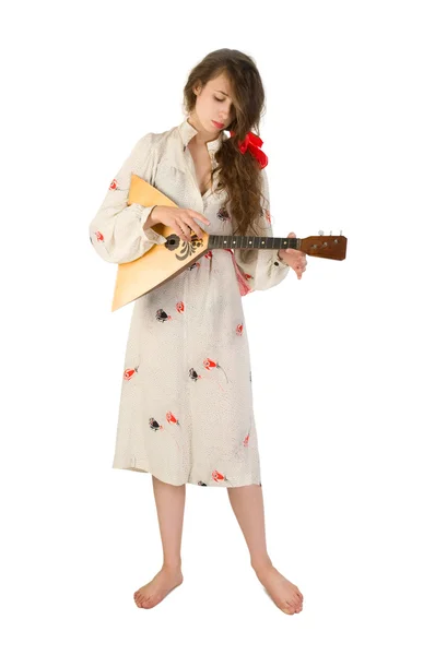 Pretty woman with a folk russian stringed instrument — Stock Photo, Image