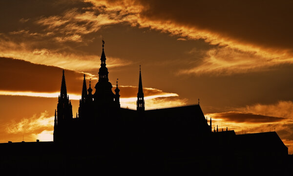 Dusk silhouettes of the Prague Castle the bigest castle in the world.