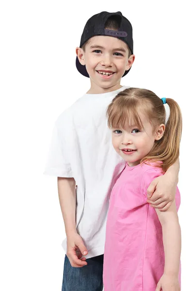 Брат и сестра на белом — стоковое фото