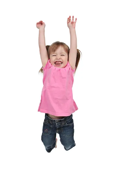 격리 된 흰 바탕에 점프 하는 어린 소녀 — 스톡 사진