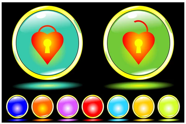 Блестящие кнопки с рефлексивным замком сердца — стоковый вектор
