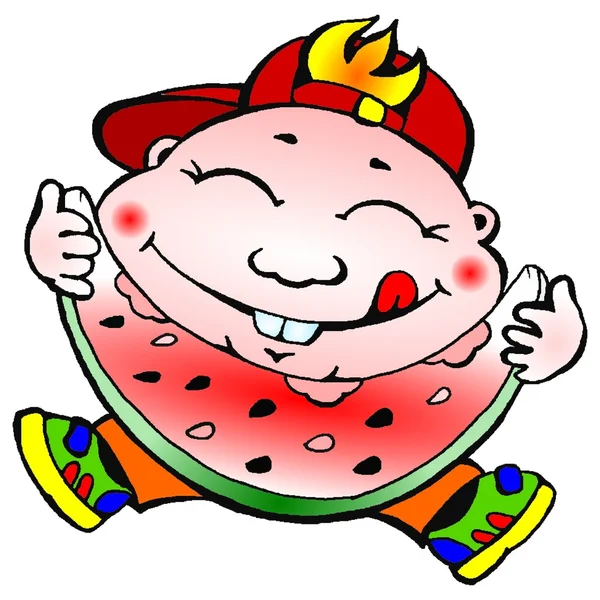 Pojke, med nöje en äta vattenmelon vektor — Stock vektor