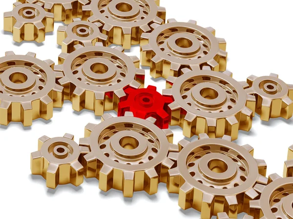 Some golden gears with one red — Stock Photo, Image