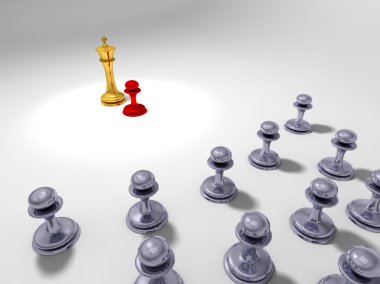 Little red pawn in front of a big golden king clipart
