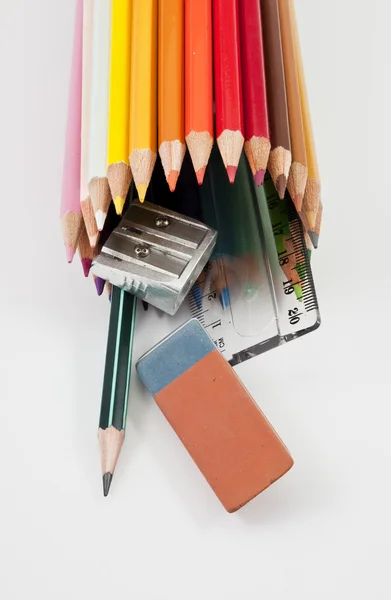 Material escolar de salida de lápices de colores tubo —  Fotos de Stock