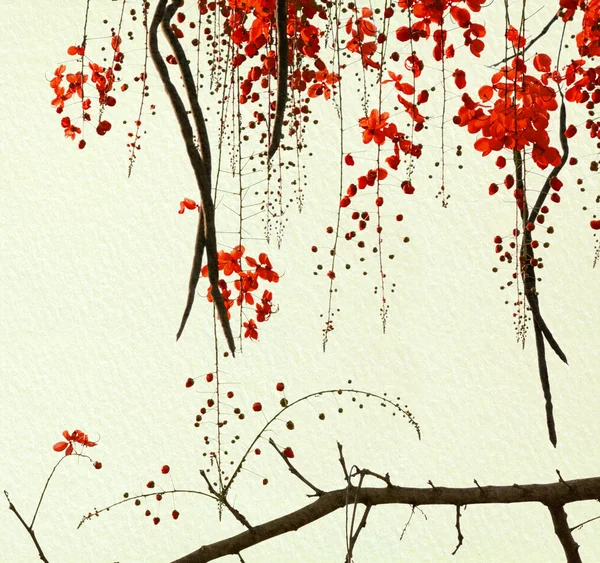 수 제 종이에 붉은 꽃 나무 — 스톡 사진