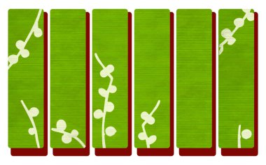 Green wood banners on red with Japanese branch print clipart