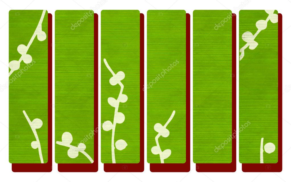 Green wood banners on red with Japanese branch print