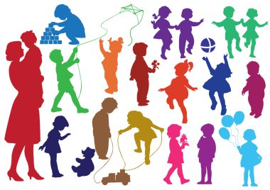 Set of silhouettes of children and mot