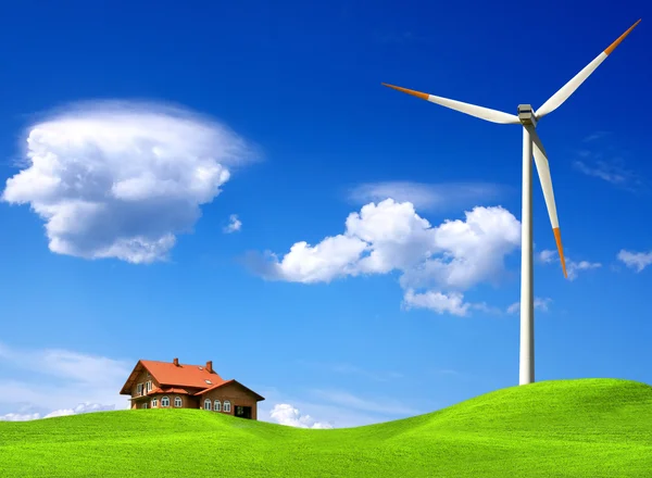 Nieuwe huis en wind turbine — Stockfoto