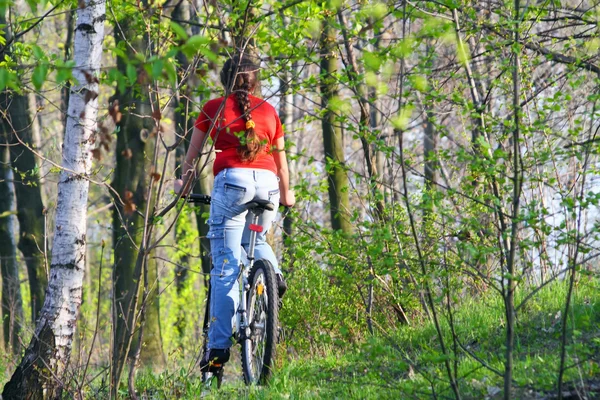 Дівчина їде на велосипеді в лісі — стокове фото