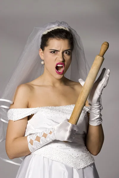 Bridezilla with wooden rolling pin — Stock Photo, Image