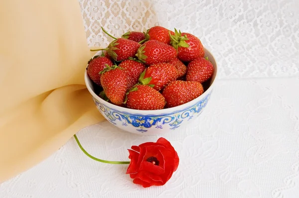 Rätter med jordgubbar och en blomma — Stockfoto