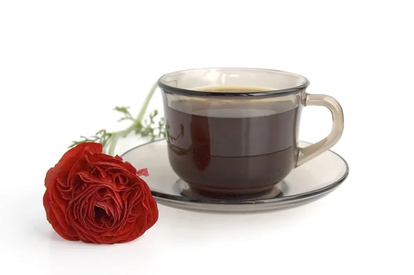 Egy csésze kávé és piros virág — Stock Fotó