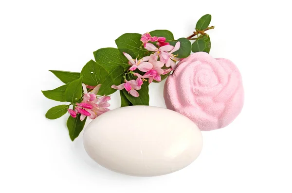 Bath salt, soap and flowering twig — Stock Photo, Image