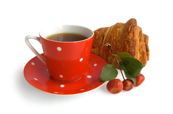 Red coffee cup with croissant and apple — Stock Photo, Image